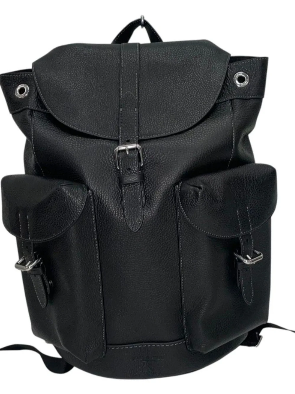 Black Leather Backpack with Front Pockets